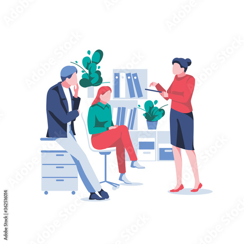 Cartoon people meeting for business discussion. Concept of business workflow, time management, planning, teamwork. Colleagues communicating and brainstorming in office. Flat vector illustration