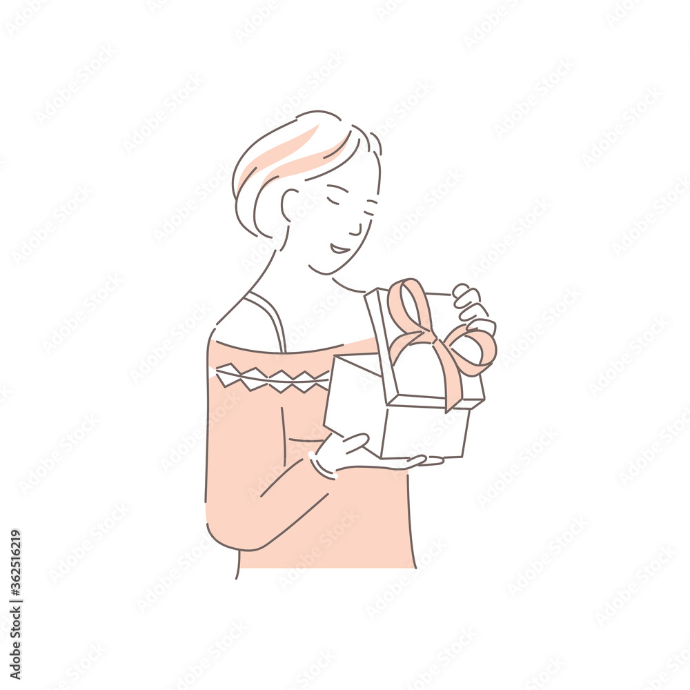 Young woman holds gift box. Happy female character smiling and opens present with ribbons, isolated on white background. Giving surprise for holiday. Line art style. Flat vector illustration Young woman holds gift box. Happy female character smiling and opens present with ribbons, isolated on white background. Giving surprise for holiday. Line art style. Flat vector illustration