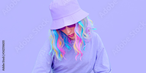 Fashion kawaii girl in trendy bucket hat. Stylish Pastel colours monochrome design. ideal for bloggers, websites, magazines, business owners,  Fashion street style concept