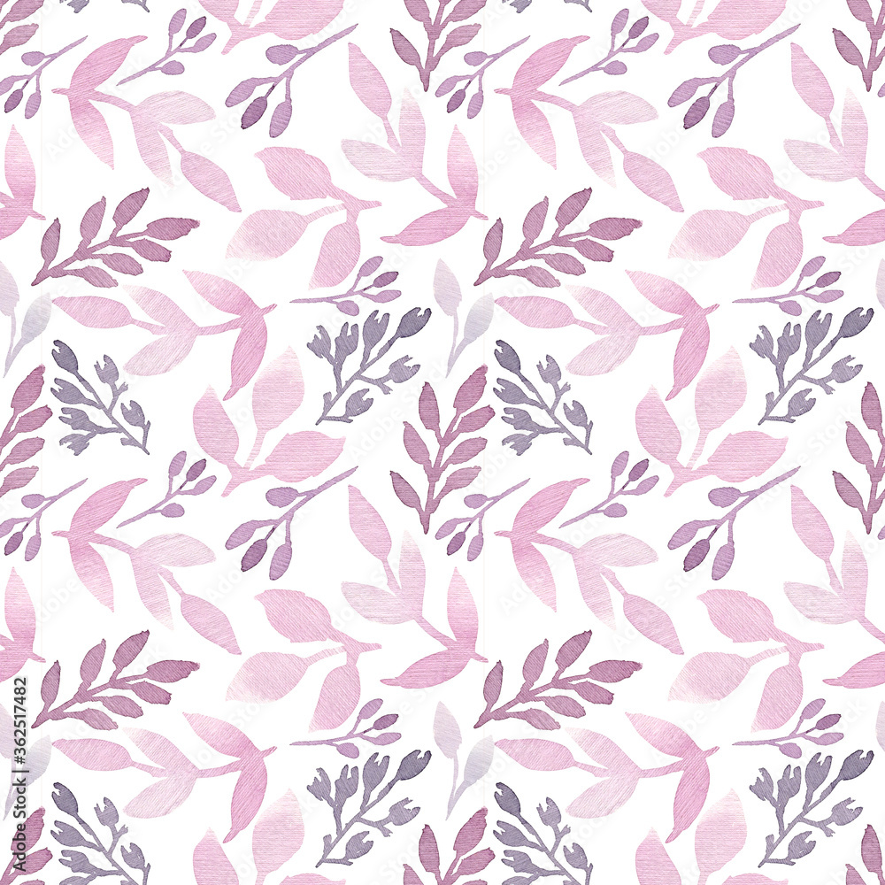 Botanical background with purple branches and pink leaves. Watercolor seamless pattern. Hand drowing illustration. Floral Design. Perfect for invitations, wrapping paper, textile, fabric, packing