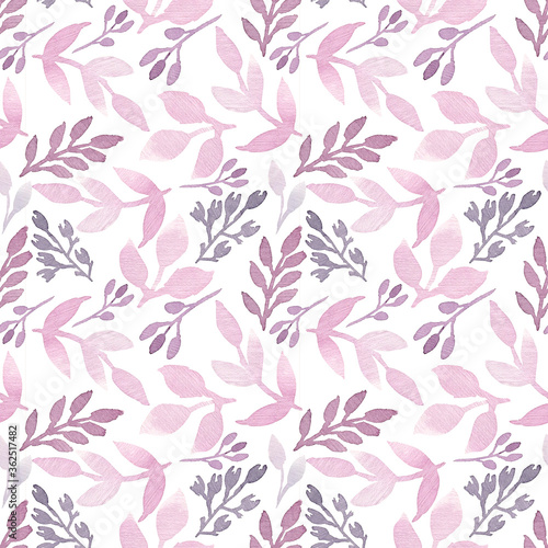 Fototapeta Naklejka Na Ścianę i Meble -  Botanical background with purple branches and pink leaves. Watercolor seamless pattern. Hand drowing illustration. Floral Design. Perfect for invitations, wrapping paper, textile, fabric, packing