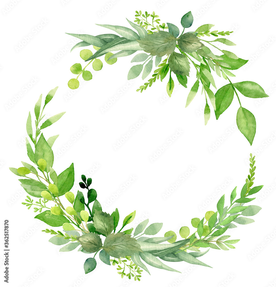 Naklejka premium Greenery summer wreath with green leaves and branches. Hand drawing botanical illustration. Floral Design elements. Perfect for wedding invitations, greeting cards, prints, packing, posters and more