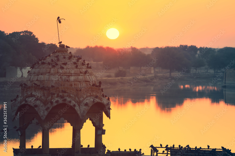 View of Gadisar lake peaceful scene in the morning at sunrise,  Jaisalmer India
