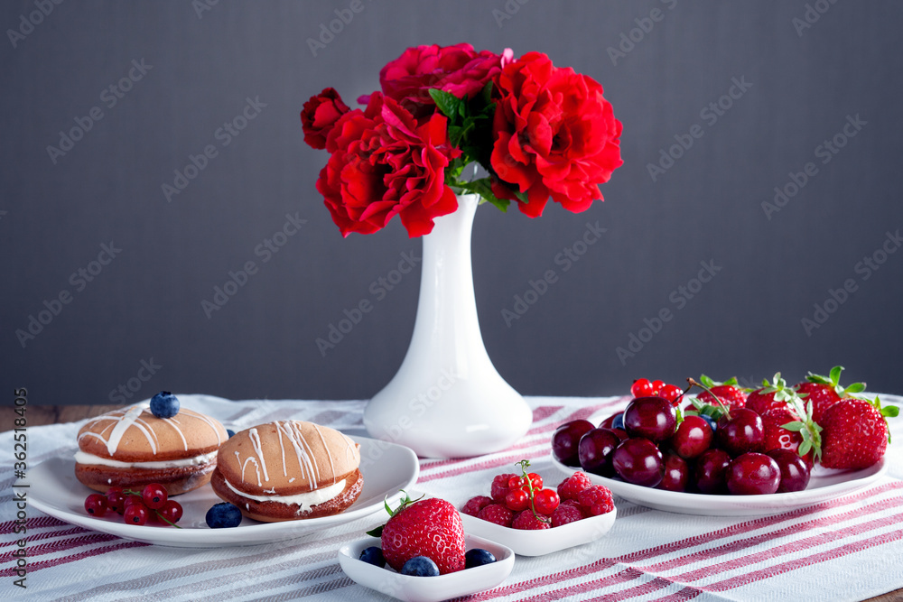 Sweets for breakfast, breakfast for the woman you love, sweets, fruits and a glass of milk. Morning still life