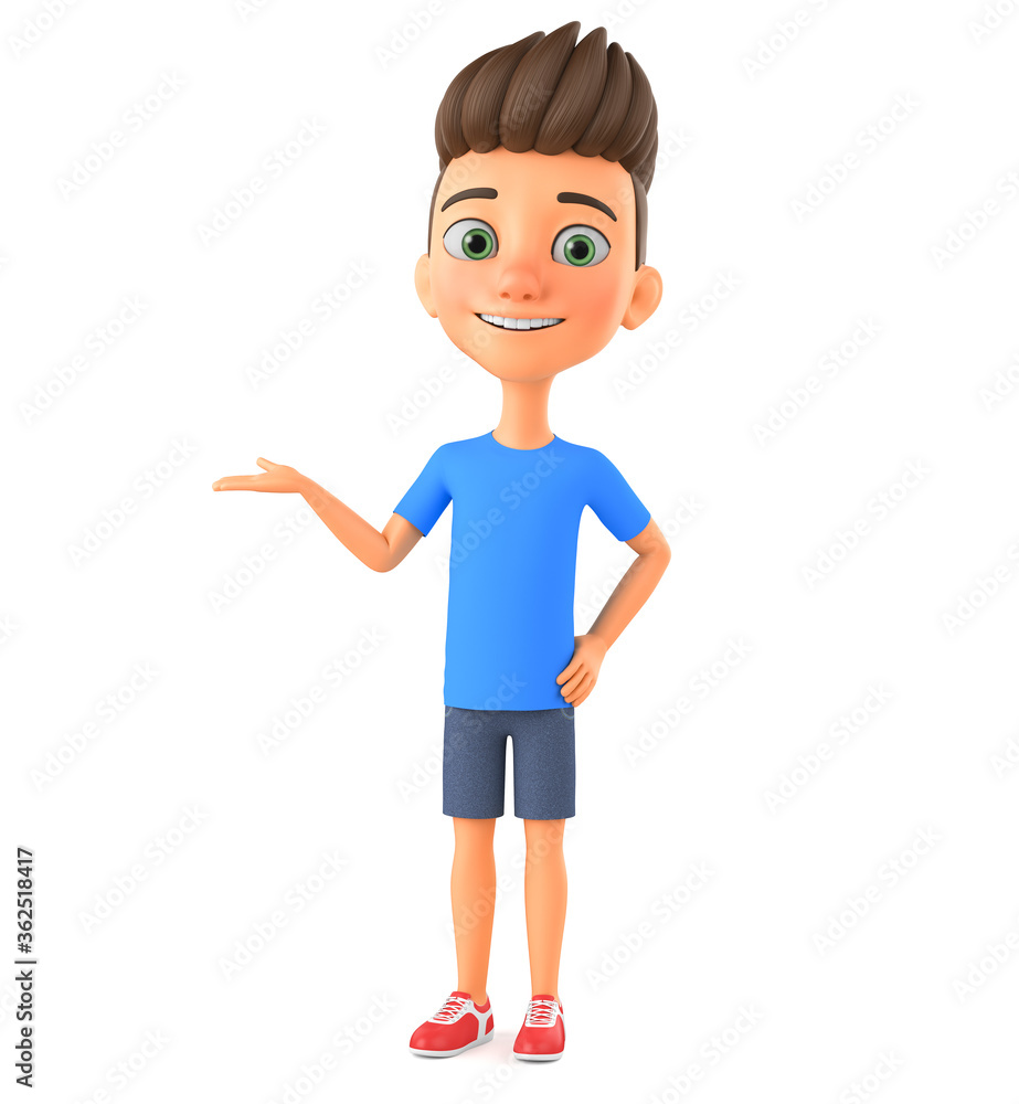Boy isolated on white background hand pointing at empty space for advertising. 3d rendered. Boy isolated on white background hand pointing at empty space for advertising. 3d rendered.