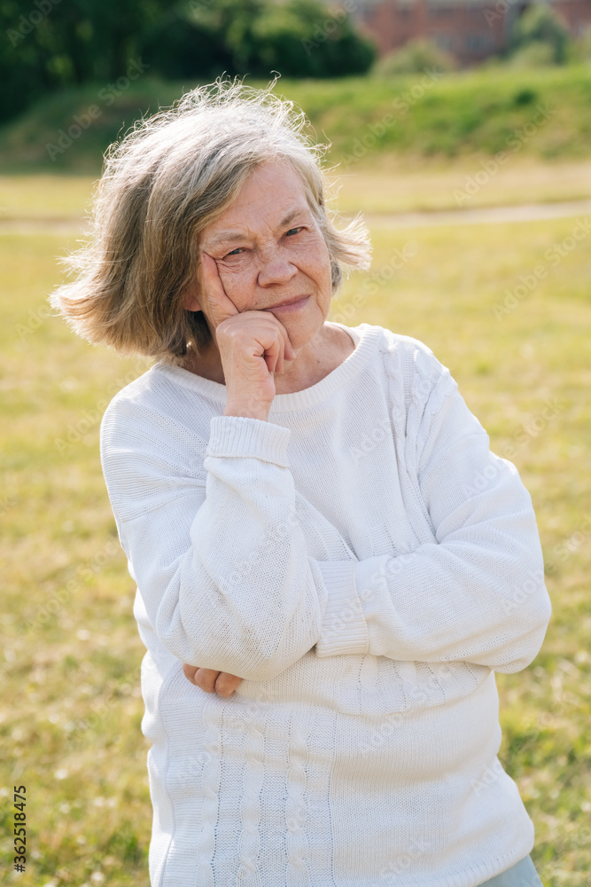 Portrait of a gray-haired adult European grandmother against the background of nature in the park Portrait of a gray-haired adult European grandmother against the background of nature in the park
