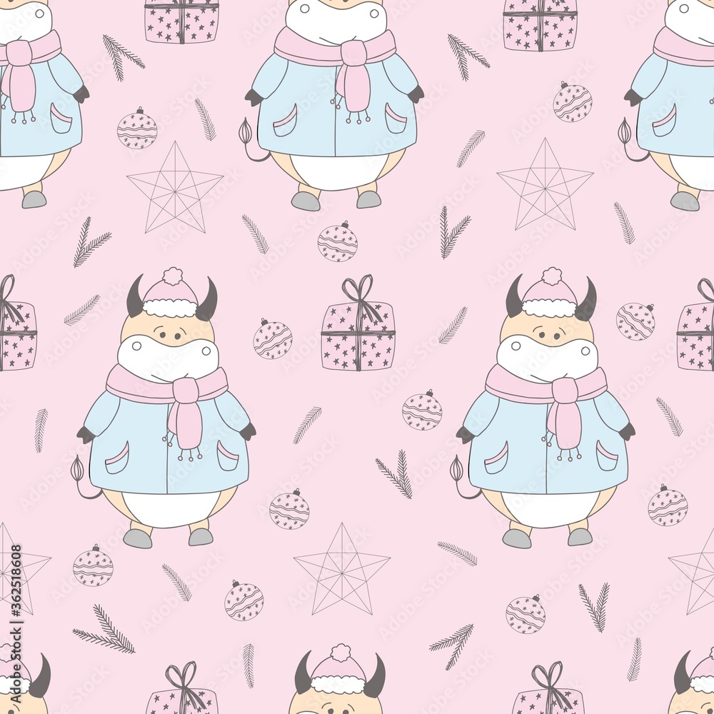 2021 symbol of the year. ox. Christmas pattern. Bulls in the snow. Design for wrapping paper, fabric and clothing. Pastel delicate colors 2021 symbol of the year. ox. Christmas pattern. Bulls in the snow. Design for wrapping paper, fabric and clothing. Pastel delicate colors