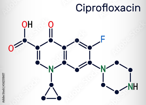 Ciprofloxacin, quinolone molecule. It is a synthetic broad spectrum fluoroquinolone antibiotic. Skeletal chemical formula