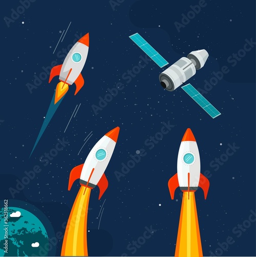 Spaceship rocket and cosmic satellite vehicle set in outer space vector cartoon comic flat illustration, galaxy ships flying in universe near earth planet