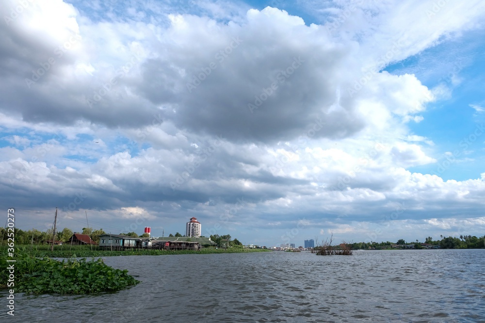 Blue sky white fluffy clouds with river view at Wat-Ku, Nonthaburi Thailand 