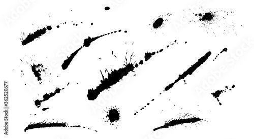 Black ink splashes and drops brushes. Abstract grunge design elements of distress texture. Paint splats blotches isolated on white background.