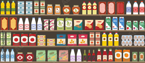 Supermarkets shelves with products and drinks. Seamless pattern. Shopping and food retail concept. Vector illustration.