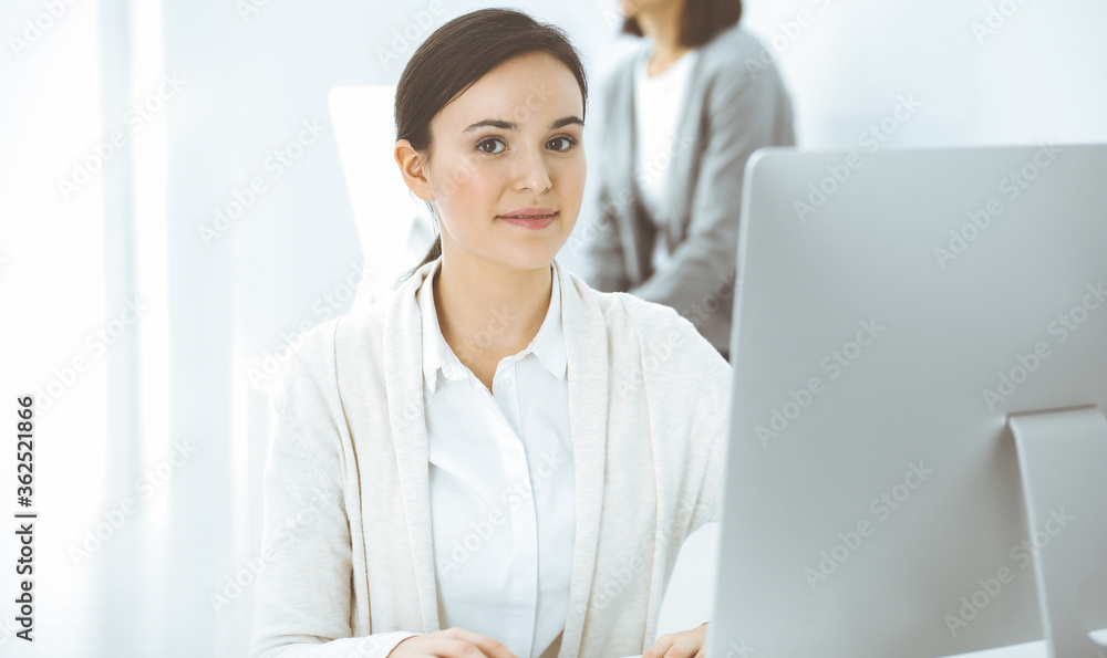 Casual dressed business woman working with computer in office. Lawyer or accountant at work Casual dressed business woman working with computer in office. Lawyer or accountant at work