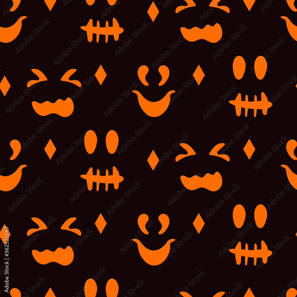 Silhouettes faces pumpkins or ghost Halloween seamless pattern. Different creepy fun cute emotion faces, design limitless background. Repeat ornament for paper wrap, fabric, print. Vector illustration Silhouettes faces pumpkins or ghost Halloween seamless pattern. Different creepy fun cute emotion faces, design limitless background. Repeat ornament for paper wrap, fabric, print. Vector illustration
