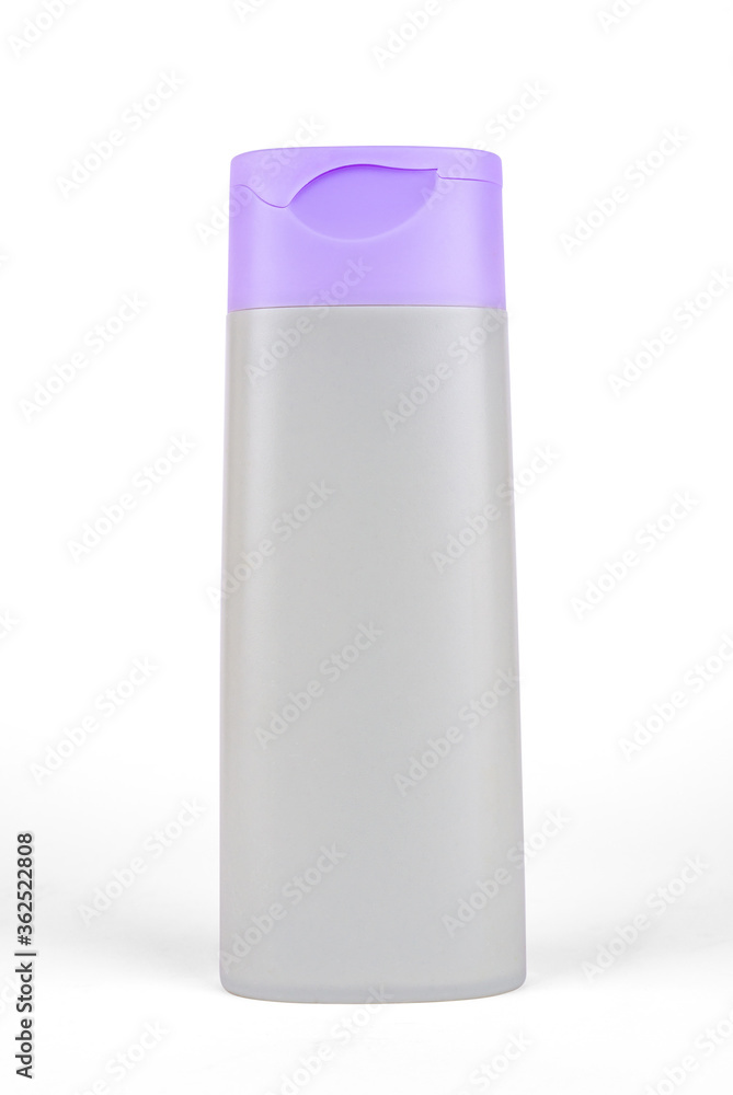 Light gray plastic bottle with violet color lid isolated on white background Light gray plastic bottle with violet color lid isolated on white background