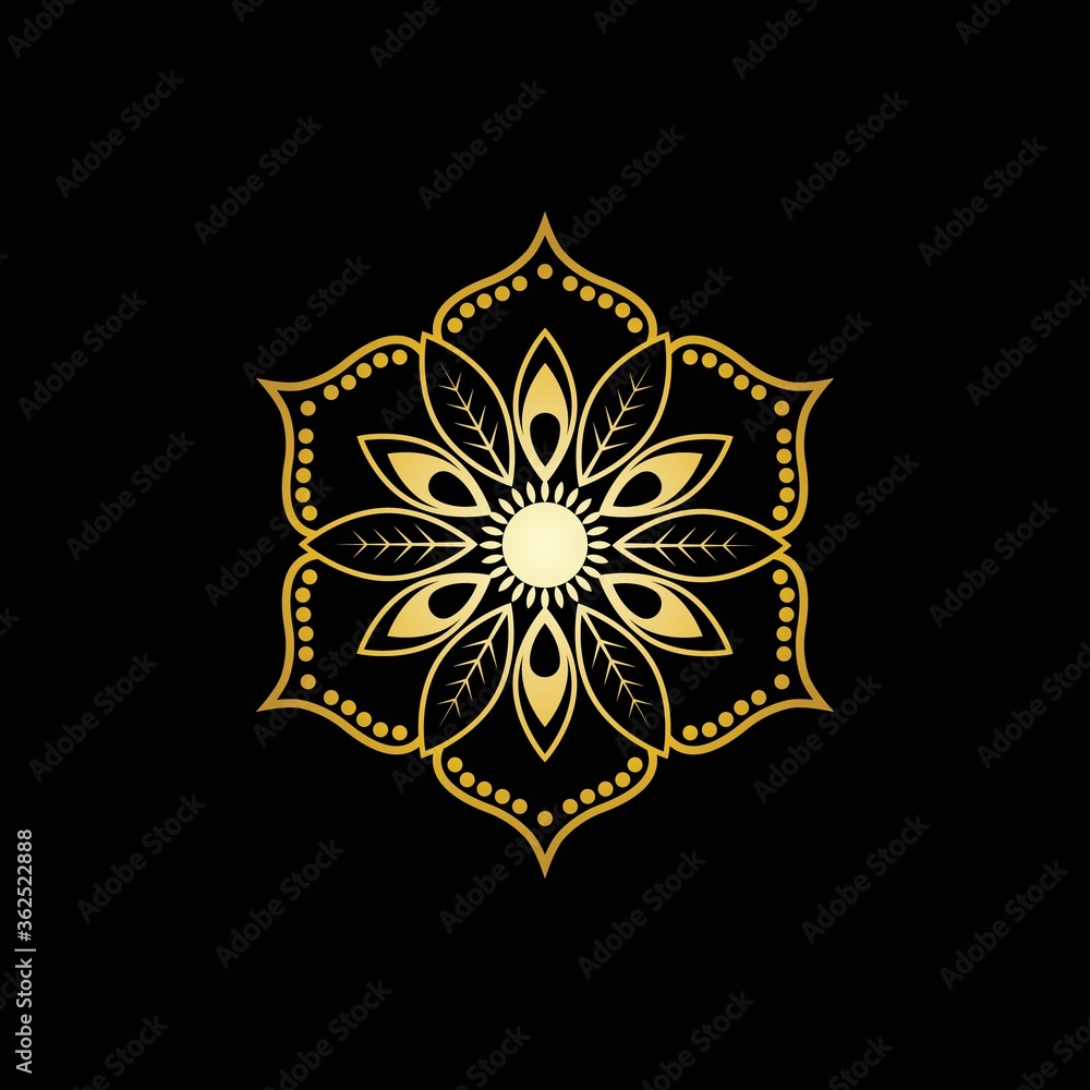 Gold Flower Mandala Logo Vector in Elegant Style with Black Background