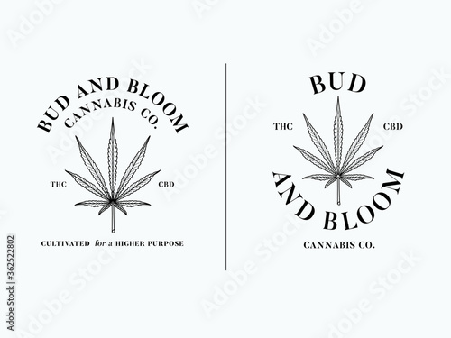Sativa leaf bud and bloom vector graphic design black on white background