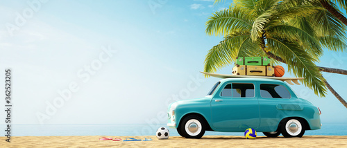 Fototapeta Naklejka Na Ścianę i Meble -  car with surfboard and luggage on top on the beach in front of the palms and ocean, summer 3D background illustration concept