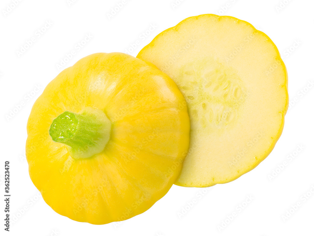 Baby  Pattypan squash (Cucurbita pepo), halved, isolated w clipping path, top view
