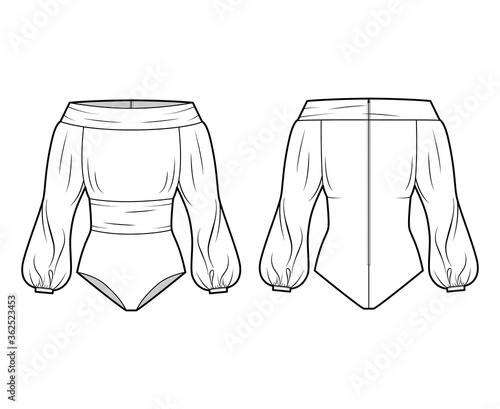 Off-the-shoulder bodysuit technical fashion illustration with long romantic blouson sleeves, back zip fastening. Flat apparel blouse template front, back white color. Women, men and unisex mockup
