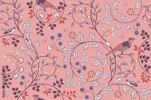 Vintage seamless fabric pattern with flowers and birds on pink background. Middle ages William Morris style. Vector illustration.