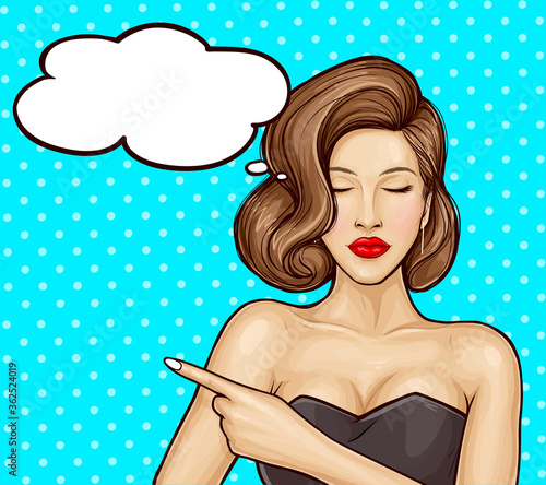 Vector pop art illustration of a beautiful girl in a luxurious dress pointing by finger at something or information about a sale, speech bubble. Poster for advertising sales, discounts and services.