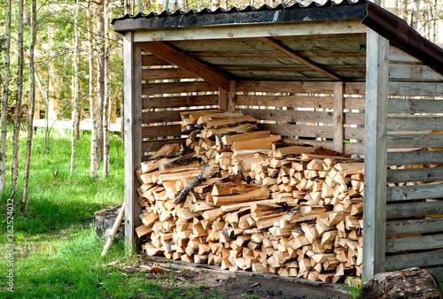 Wallpaper Mural shed for storing firewood with dry firewood.