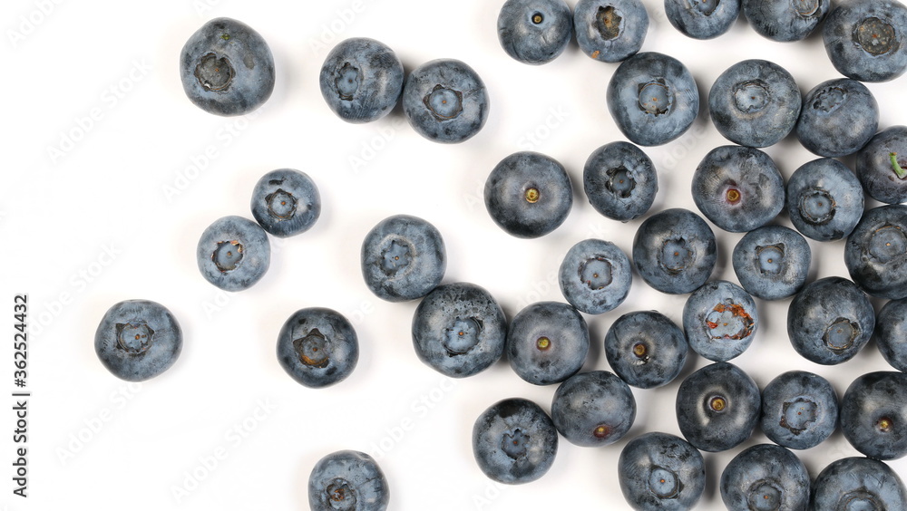 Ripe blueberries isolated on white background, top view