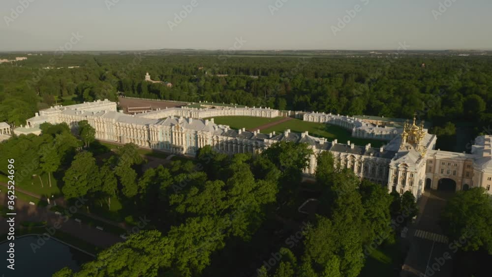 Catherine Palace and Catherine Park at dawn. St. Petersburg, Pushkin, Russia. Aerial view. Catherine Palace and Catherine Park at dawn. St. Petersburg, Pushkin, Russia. Aerial view.
