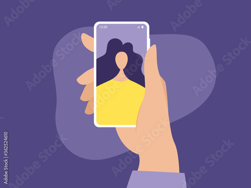 Portrait of a young Indian girl character on a mobile phone screen, millennial lifestyle, gadgets, online video call. Vector illustration
