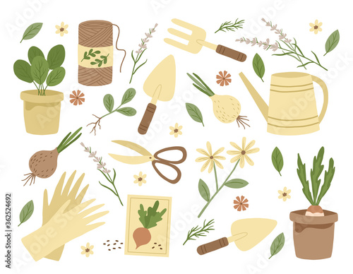 Gardening tools, flowers and plants. Backyard hobby equipment. Vector garden illustration.
