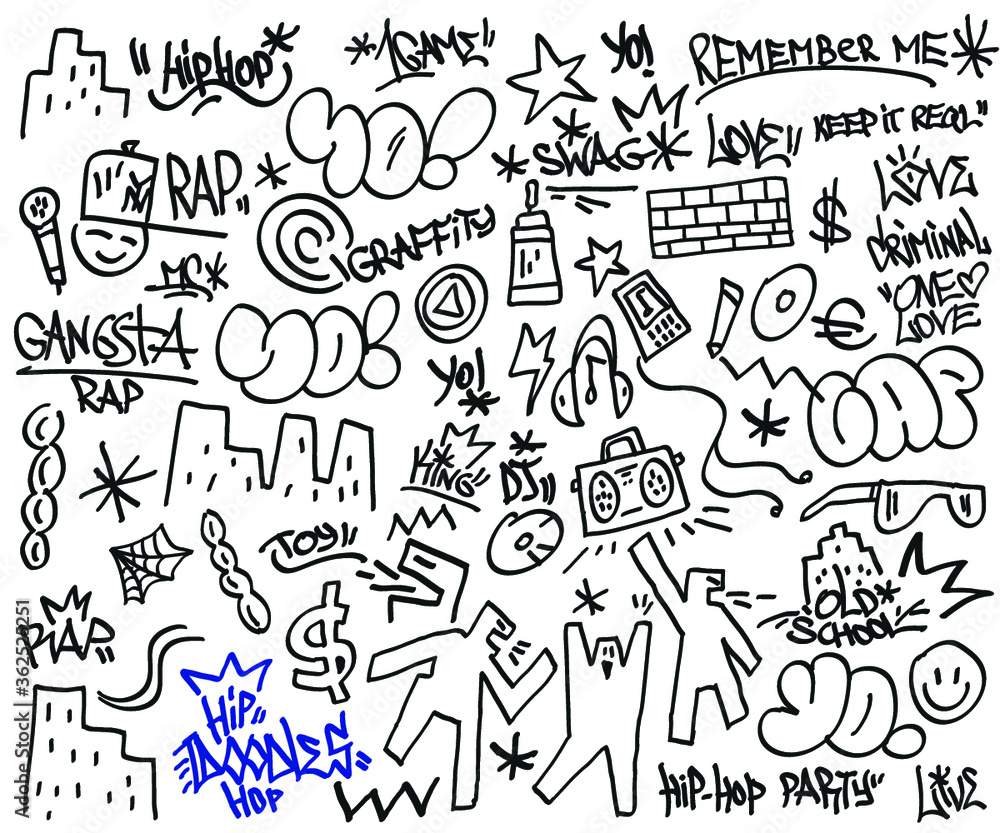 rap music , hip hop culture doodle set