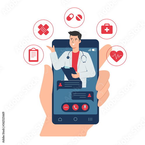 Online doctor consultation concept with male doctor on smartphone display and medical icon app