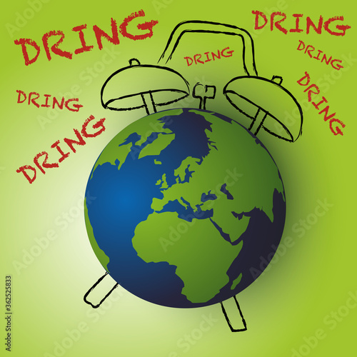 Concept de la protection de l’environnement avec le symbole du réveil qui tire le signal d’alarme sur le danger du réchauffement climatique.