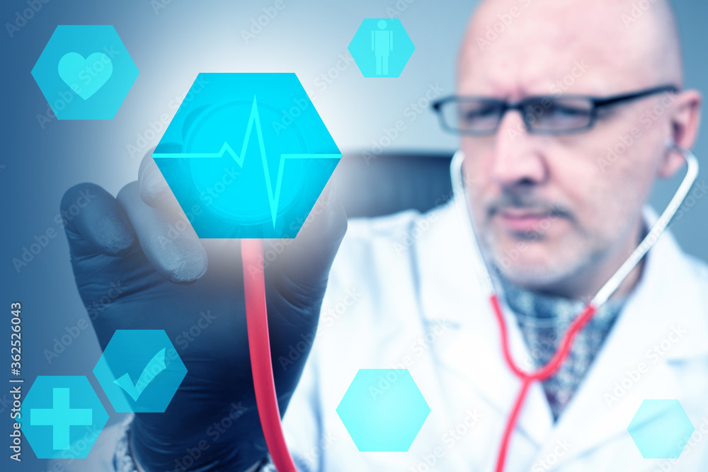 Doctor holds a stethoscope in his hands. Mudik checks a person heartbeat. Doctor applies a stethoscope to screen. Experienced doctor makes a diagnosis. Heart disease diagnosis. Heartbeat line. Doctor holds a stethoscope in his hands. Mudik checks a person heartbeat. Doctor applies a stethoscope to screen. Experienced doctor makes a diagnosis. Heart disease diagnosis. Heartbeat line.