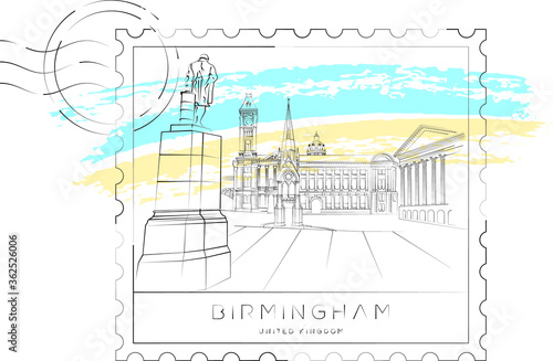 Birmingham urban sketch stamp, vector illustration and typography design, Chamberlain Square, Birmingham, England, UK