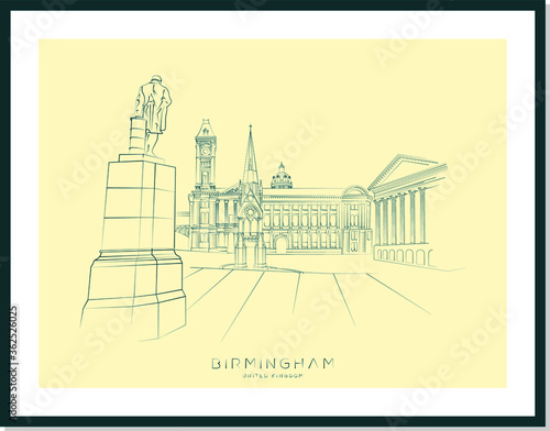 Birmingham urban sketch poster, vector illustration and typography design, Chamberlain Square, Birmingham, England, UK