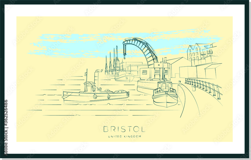 Obraz premium Bristol urban sketch poster, harbour and docks, vector illustration and typography design, England, UK