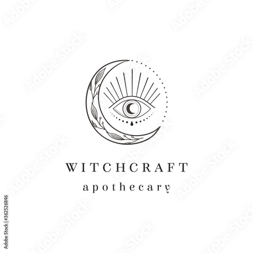 abstract hand drawn moon eye in crescent logo design. icon, vector illustration in trendy line linear art style with floral ornaments. Branding, boutique, apothecary, bohemian