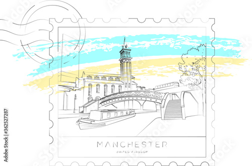 Manchester urban sketch stamp, Bridgewater canal in Castlefield, vector illustration and typography design, England, UK