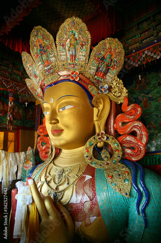 Giant statue of Maitreya Buddha or Future Buddha inside the Thiksey Monastery in Ladakh, India