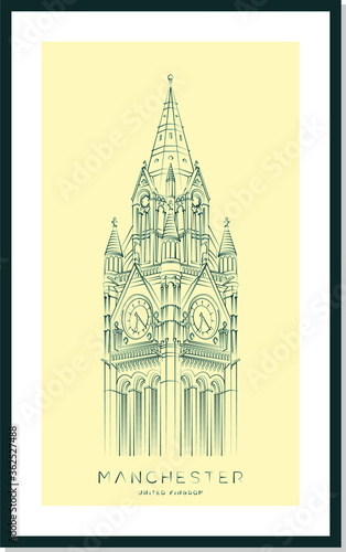 Manchester urban sketch poster, vector illustration and typography design, Town Hall, England, UK