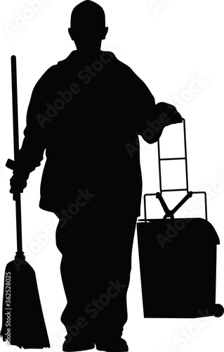 cleaner with a broom and a basket
