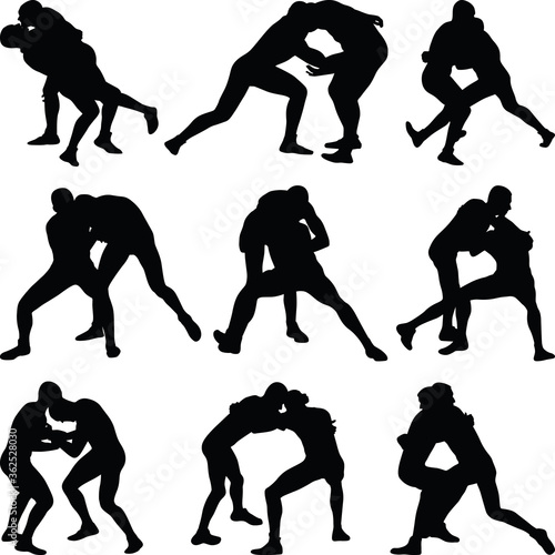 set of wrestling athletes silhouette vector