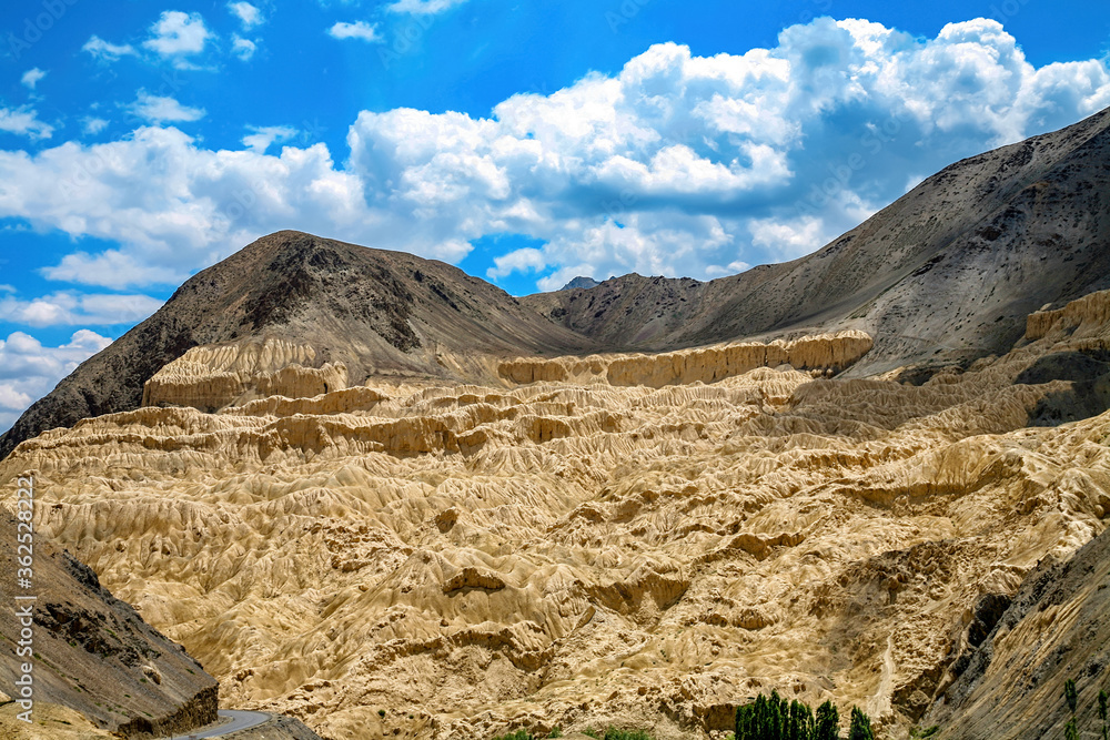 Mountain road and moon land (Moonland) view of Lamayuru at Ladakh, Jammu and Kashmir, India