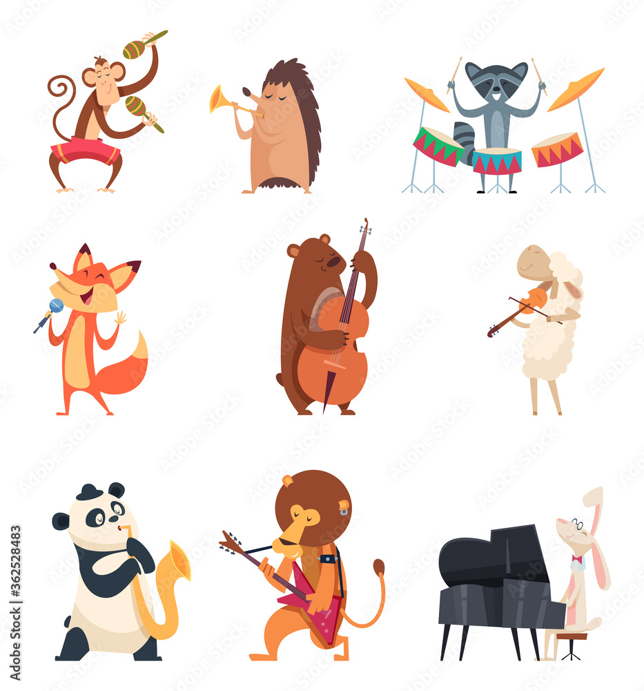 Animals with music instruments. Zoo musicians entertainment cute vocal song  music band vector cartoon characters. Panda and hedgehog with instrument,  lion musical playing illustration Stock Vector | Adobe Stock