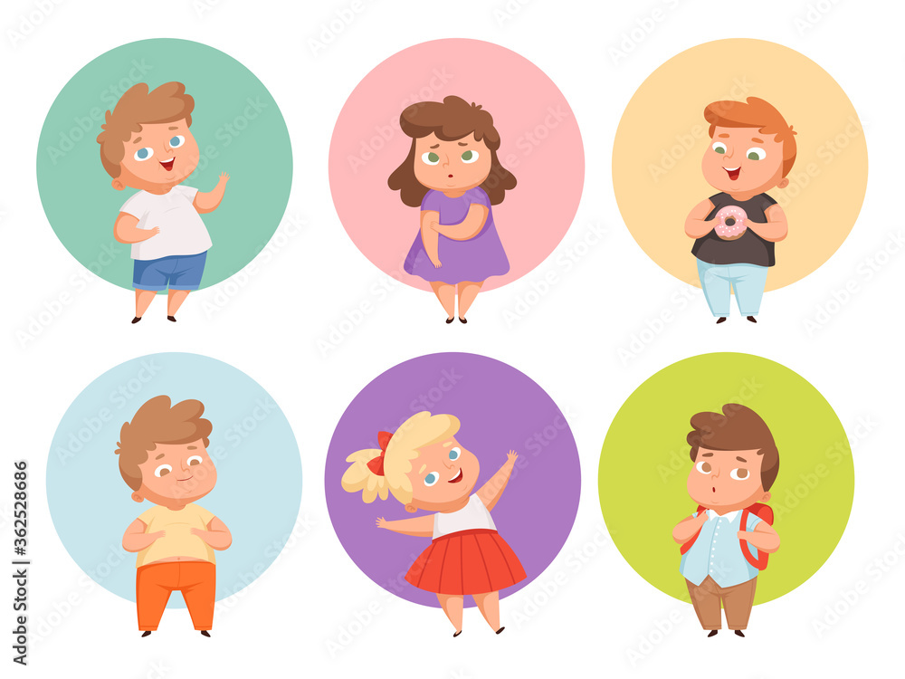 Fat kids. Oversize children clothes eating fastfood and junk snacks chubby characters overweight vector people. Illustration children oversize and overweight, character fatty unhealthy, obese body Fat kids. Oversize children clothes eating fastfood and junk snacks chubby characters overweight vector people. Illustration children oversize and overweight, character fatty unhealthy, obese body