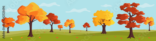 The concept of the panoramic landscape of the autumn park. Horizontal banner for the site. Red and yellow trees in the fall with fallen foliage. Vector illustration in flat cartoon style.