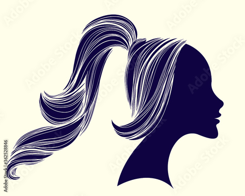 Beautiful girl with long, wavy ponytail.Hair salon logo.Cosmetics icon.Profile view young lady portrait.Face silhouette.