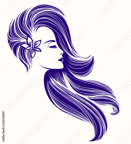Hair salon and beauty studio logo.Beautiful woman with long, wavy hairstyle and elegant makeup, wearing a flower in her hair.Cosmetics and spa icon.Profile view portrait.